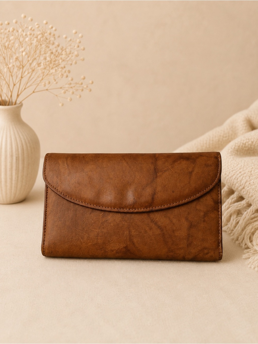 Vintage Genuine Leather Trifold Checkbook Wallet Organizer Brown Unbranded